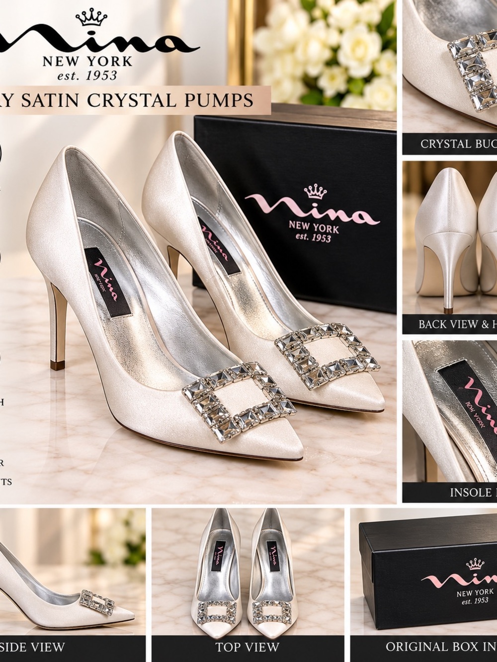 Nina White Satin Pointed-Toe Pumps with Crystal Buckle